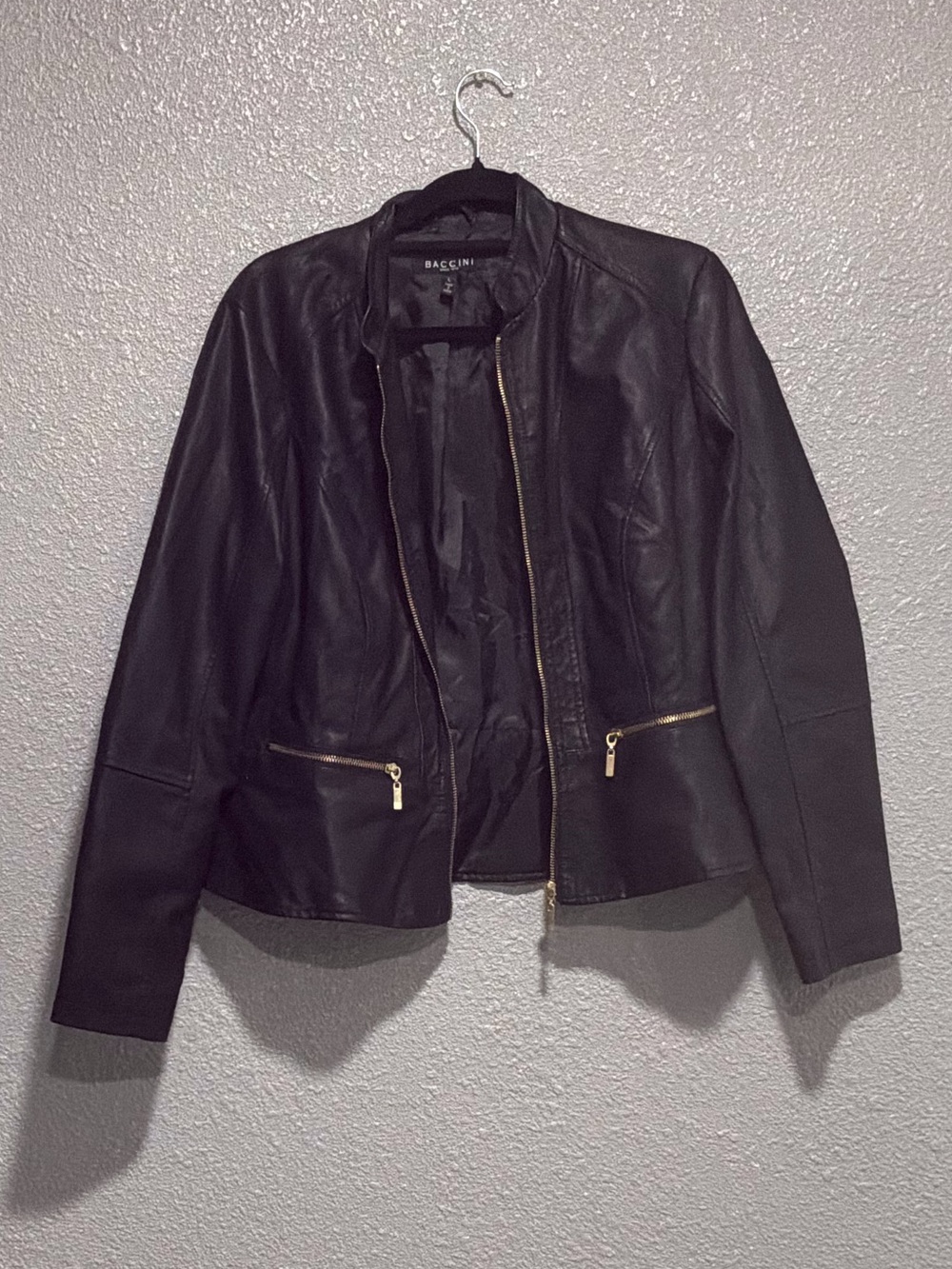 Baccini Black Faux Leather Moto Jacket with Gold Zippers